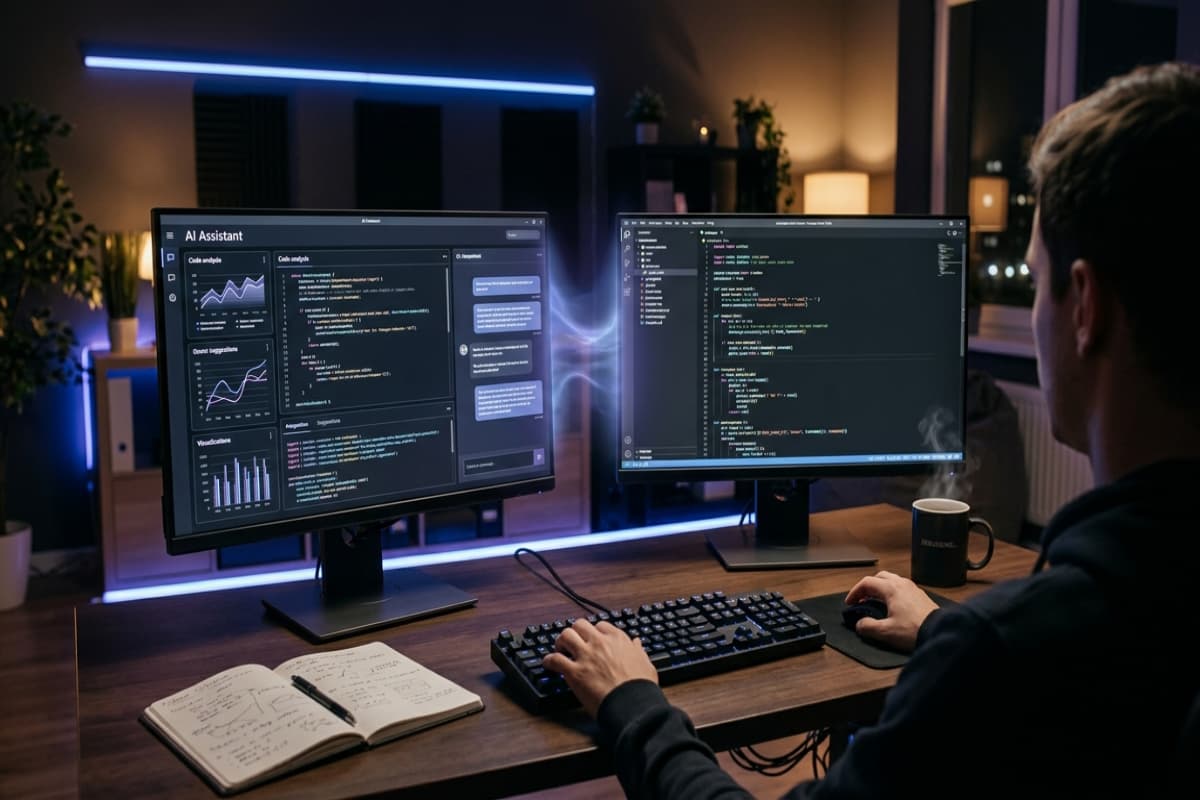 Workstation showing AI assistant and hand-written code working together on a professional build