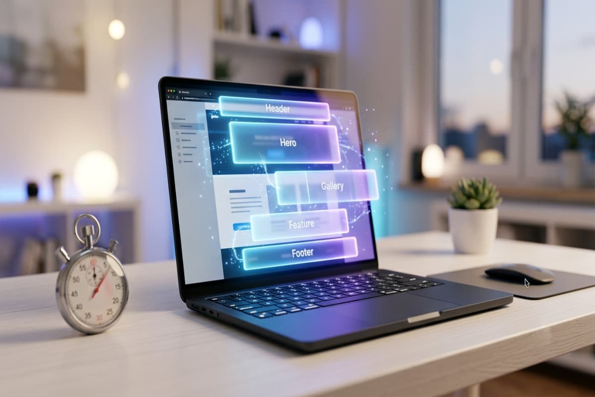 Website sections assembling automatically on a laptop with a stopwatch showing build speed
