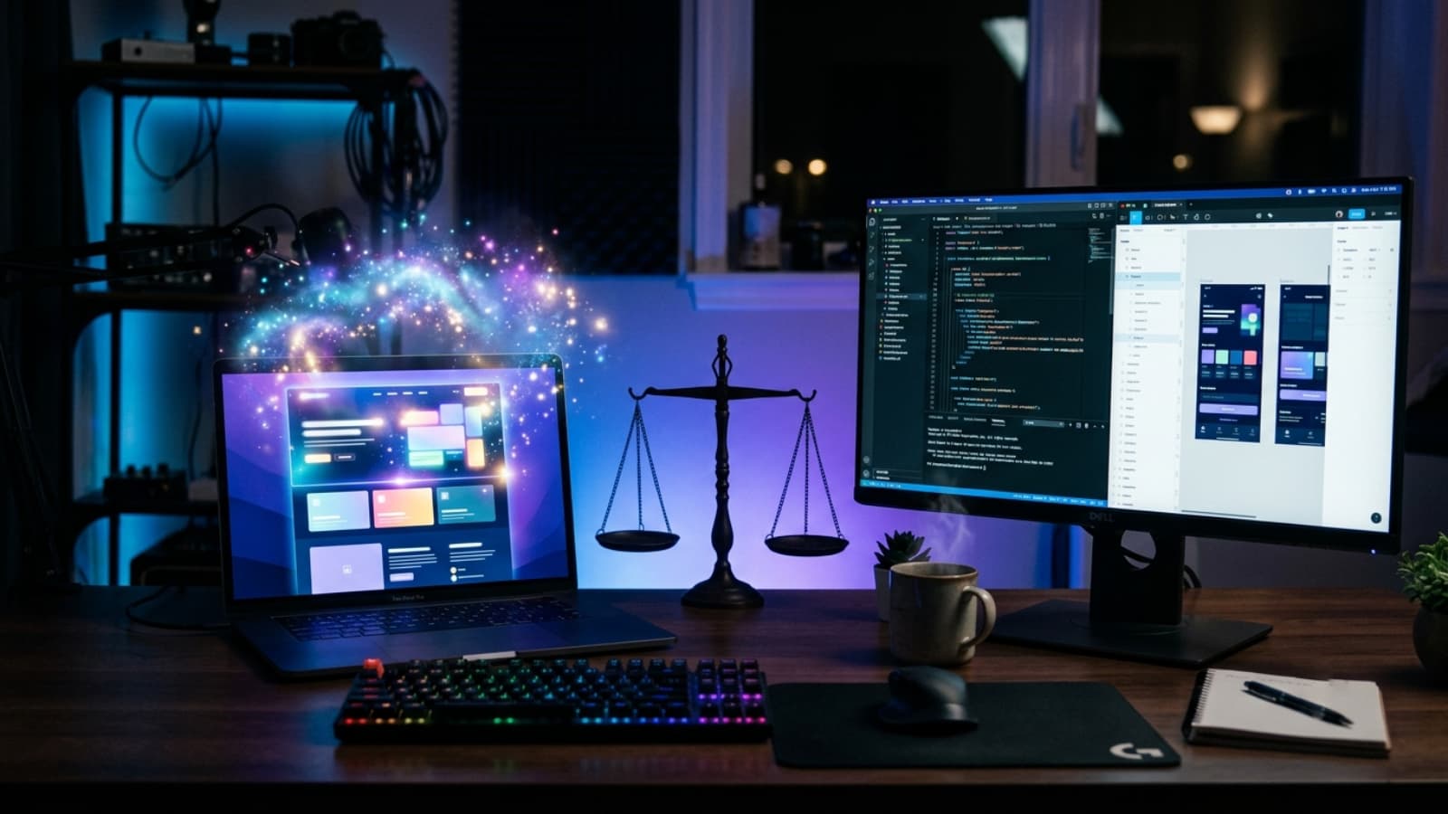 Split desk scene comparing an AI auto-generated website with hand-crafted developer code