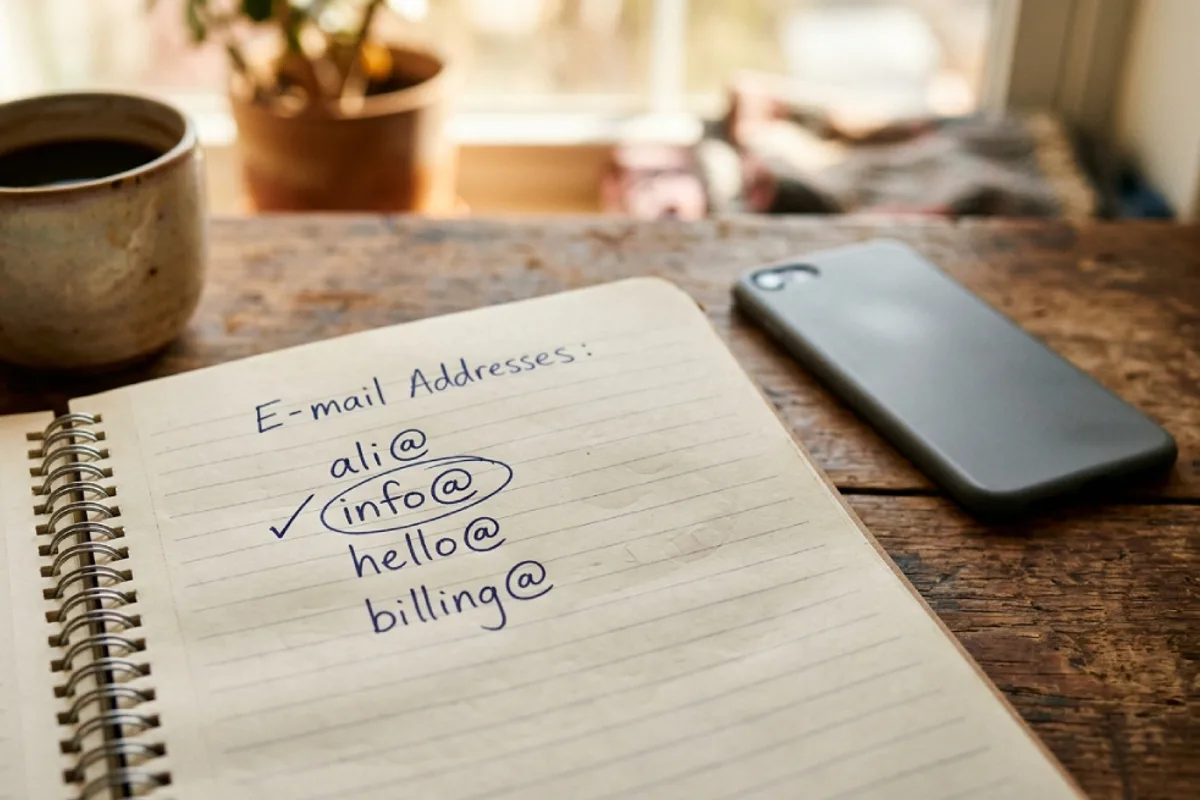 Notebook with a shortlist of professional email address formats written by hand beside a coffee and phone