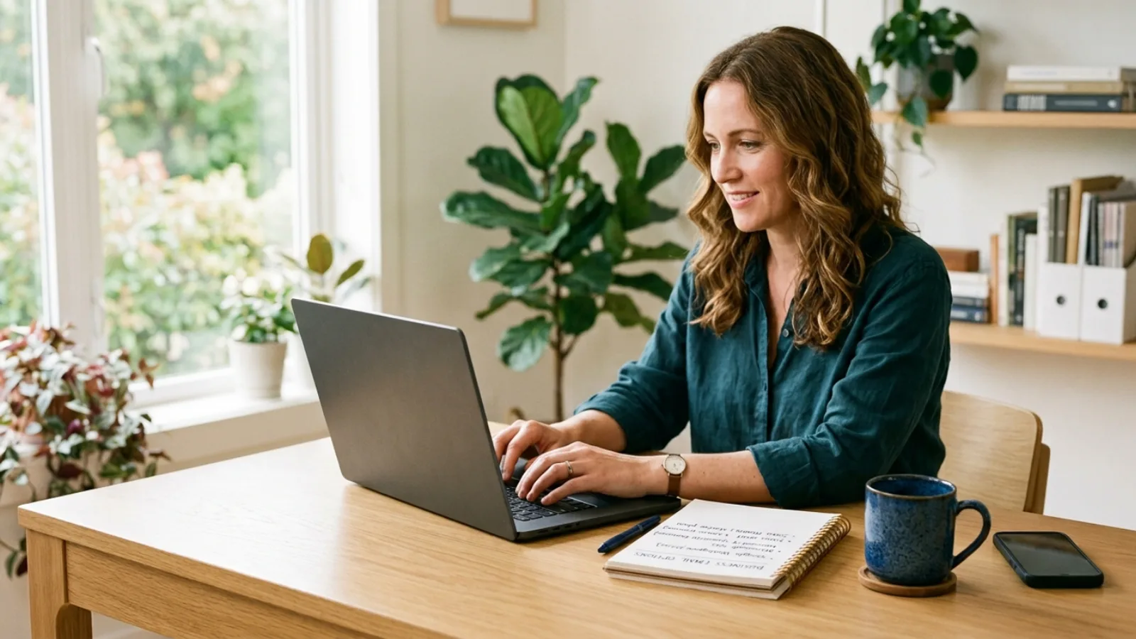 Small business owner setting up a custom business email address on a laptop, with a notebook listing email options beside it