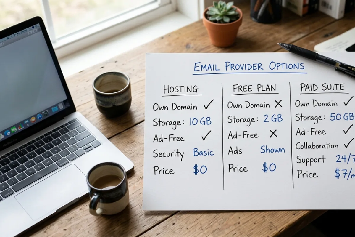 Comparison notes for business email options - hosting email, Zoho Mail and Google Workspace - written beside a laptop