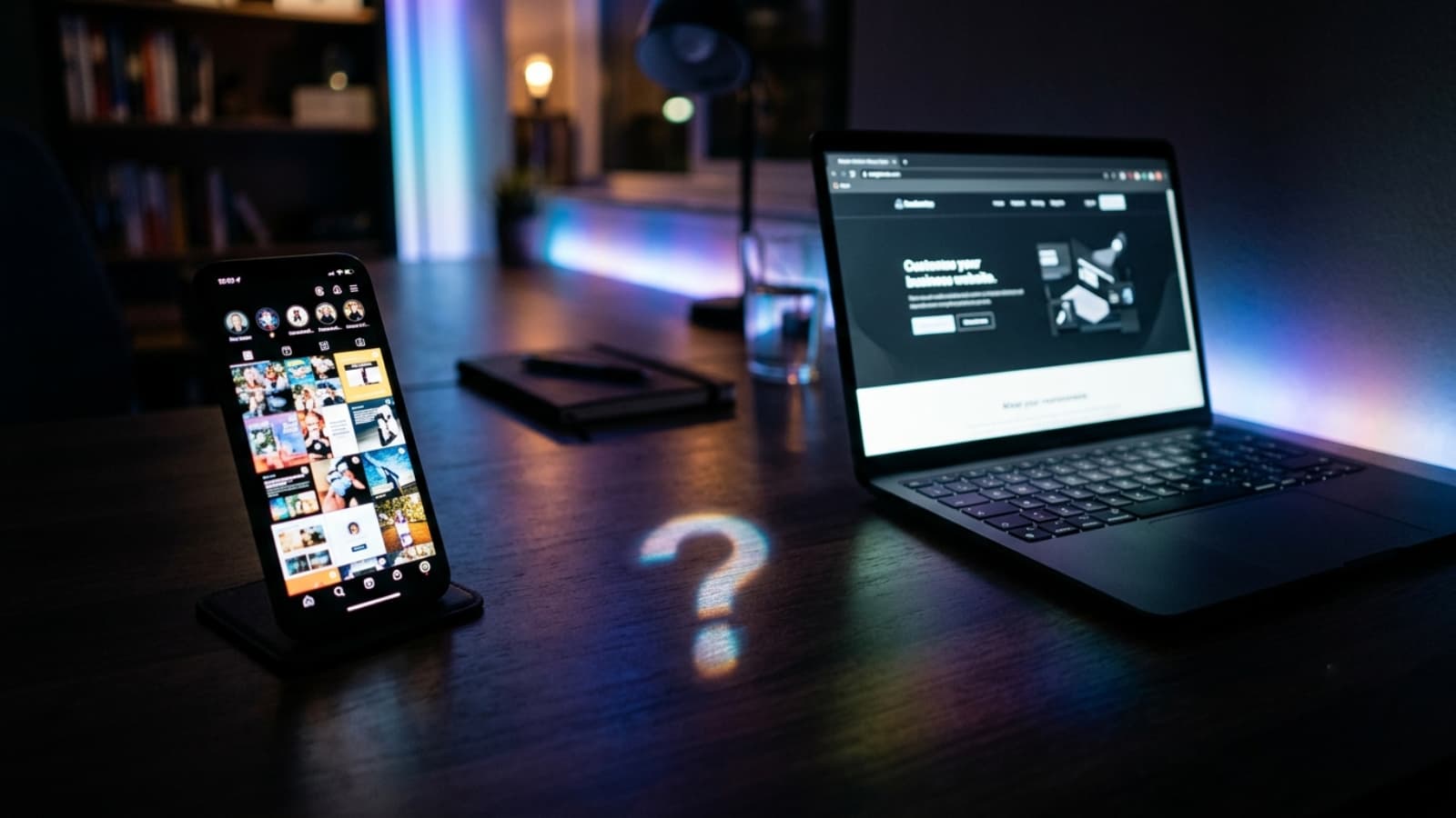 Smartphone with social media grid next to a laptop showing a professional business website
