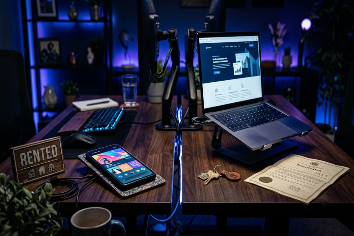 Social media feed representing rented attention beside an owned business website