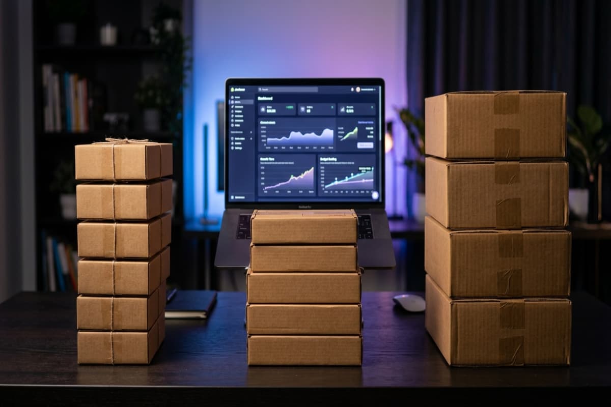Three neat stacks of shipping boxes from small to large on a dark desk, with a laptop glowing behind them showing a storefront dashboard