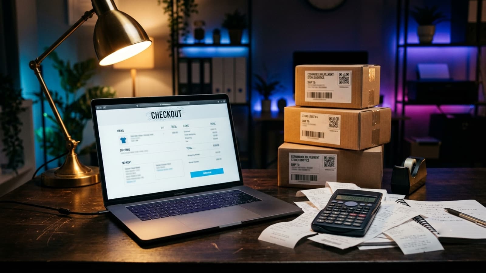 Laptop on a dark desk at night showing an online store checkout page, with a calculator, receipts and shipping boxes beside it