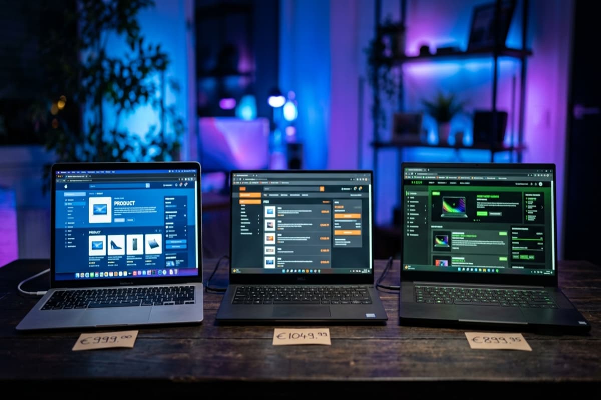 Three laptops on a dark desk, each glowing with a different online storefront layout, with small price tags in front of each