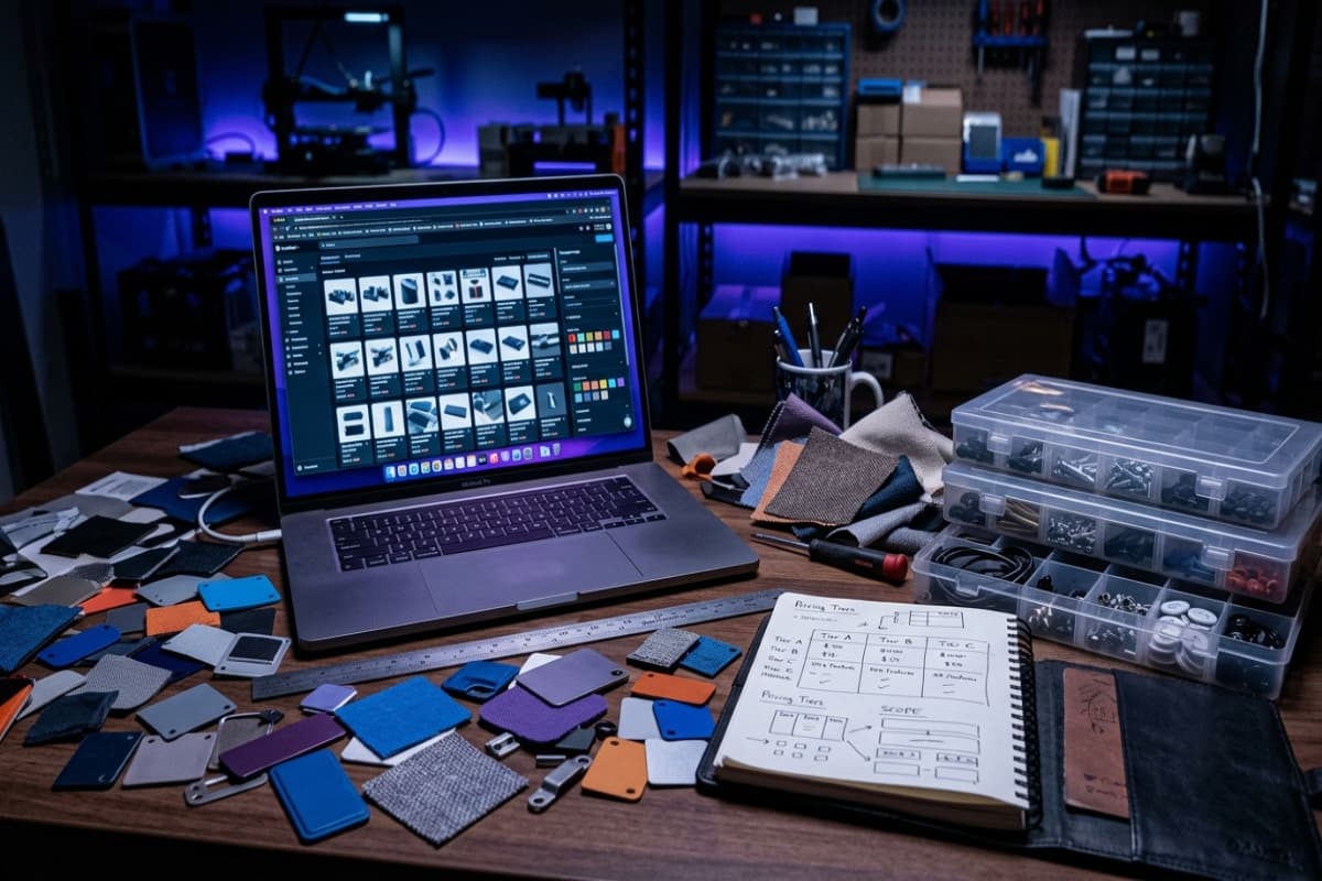 Laptop showing a product grid surrounded by product variant swatches, fabric samples, and a notebook with sketched pricing tiers