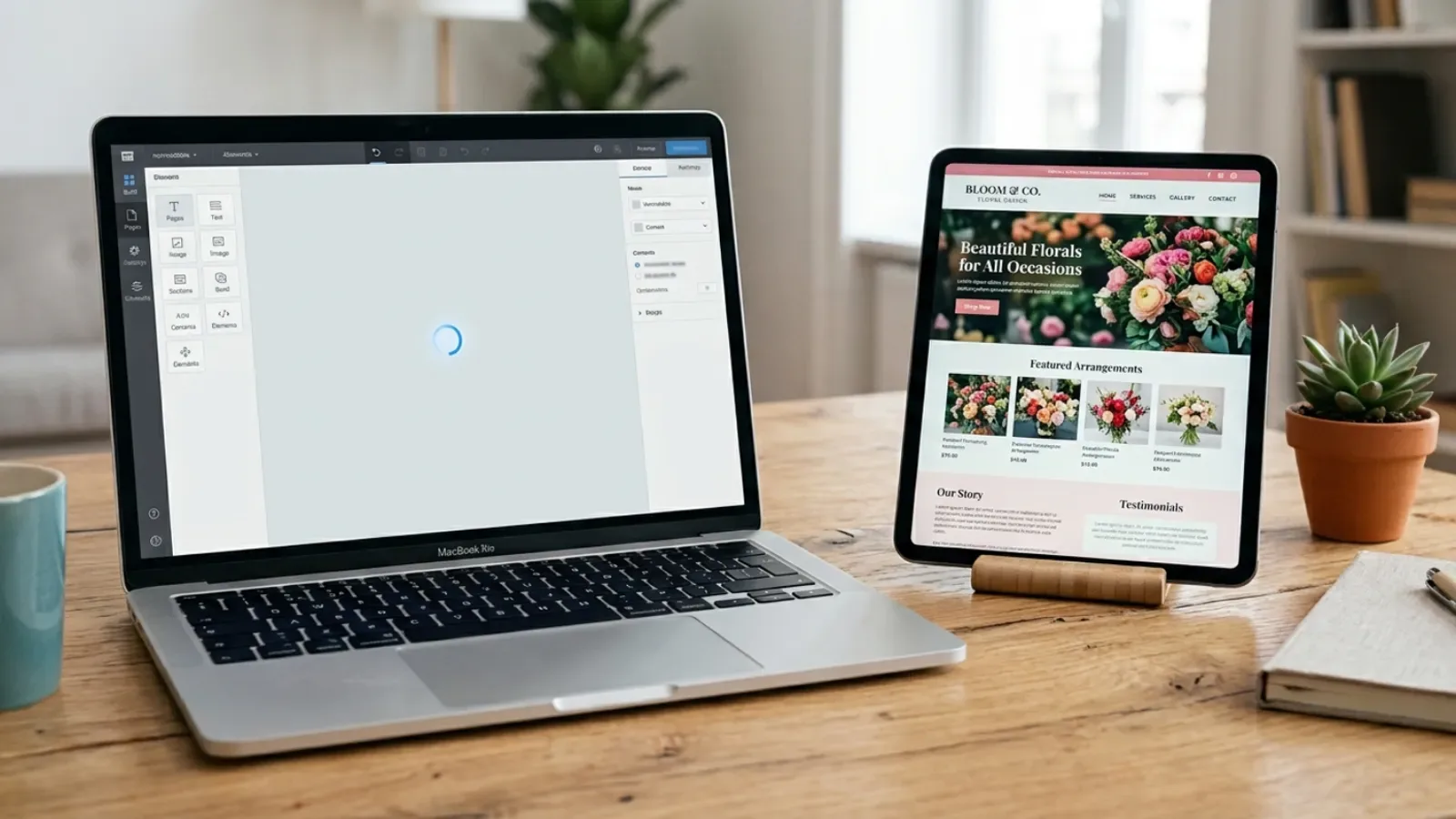 Illustrative laptop with a visual page editor paused on a loading indicator beside a working website on a tablet