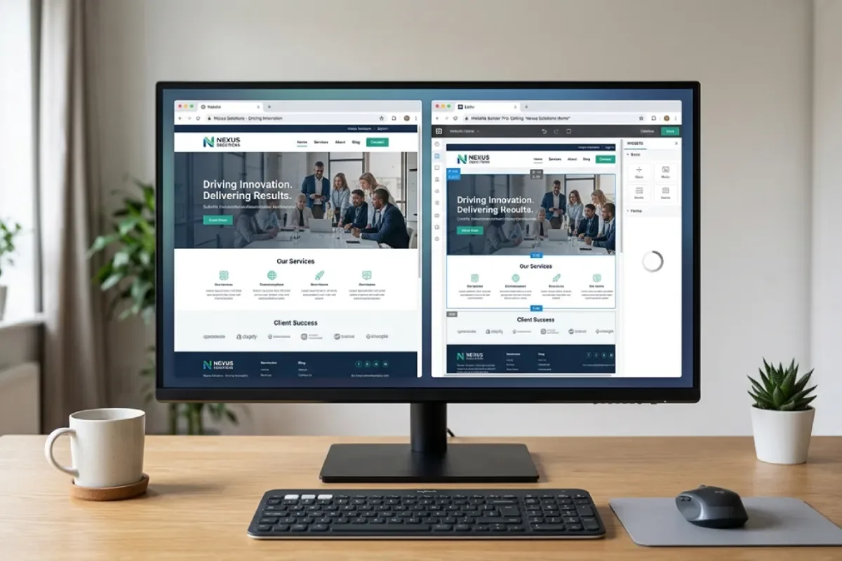 Illustrative comparison of a working website preview and a visual editor with a loading sidebar