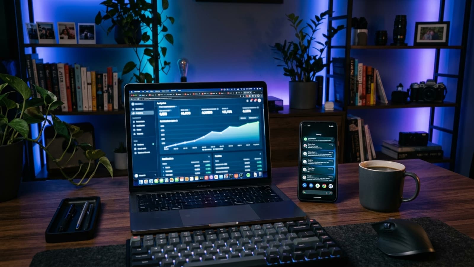Modern dark home office with laptop showing rising analytics and phone lighting up with new lead notifications