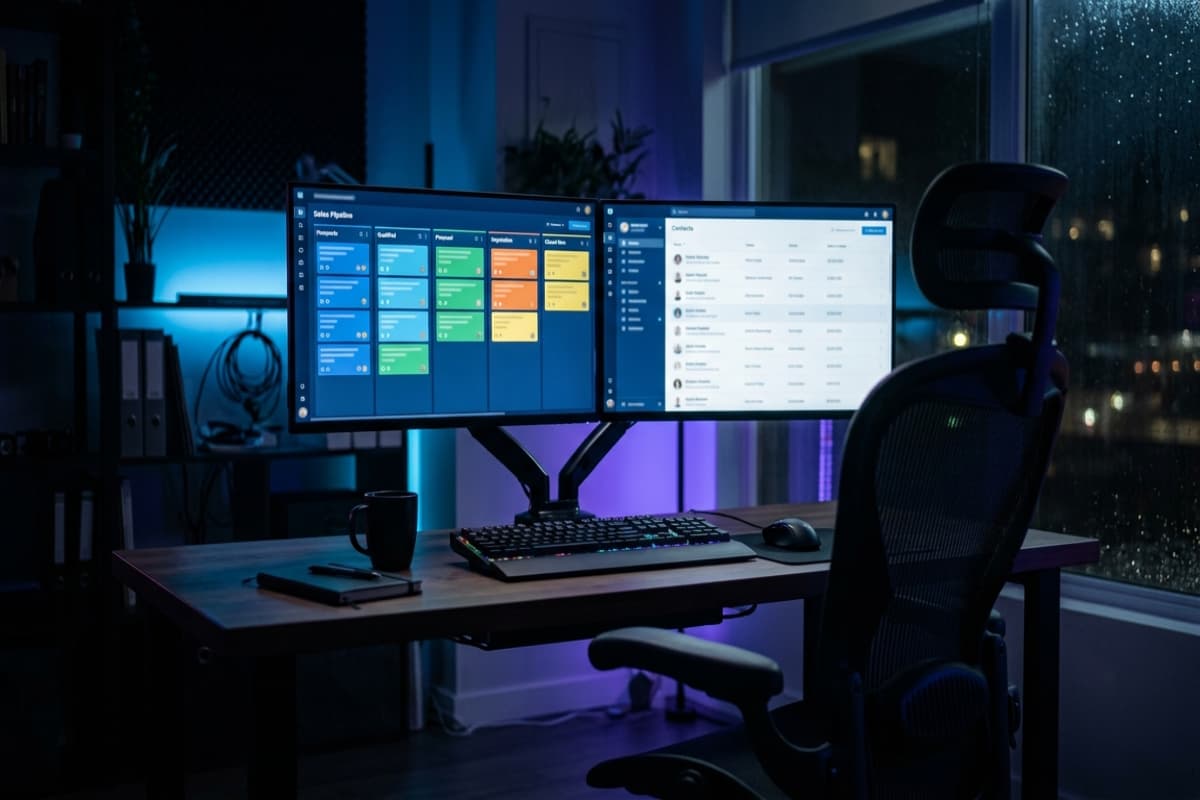 Dual monitor workstation showing a sales pipeline board and contact list in a dark office