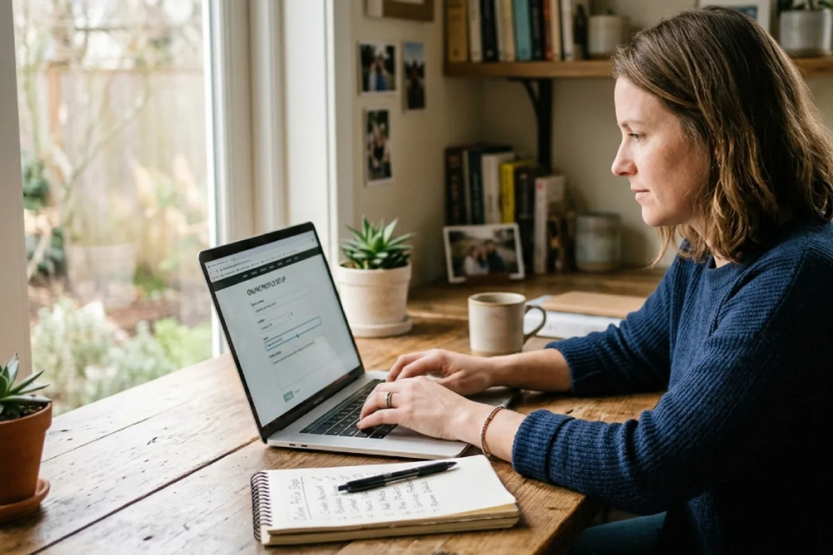 Business owner at a desk completing their business profile details on a laptop with a checklist notebook beside it