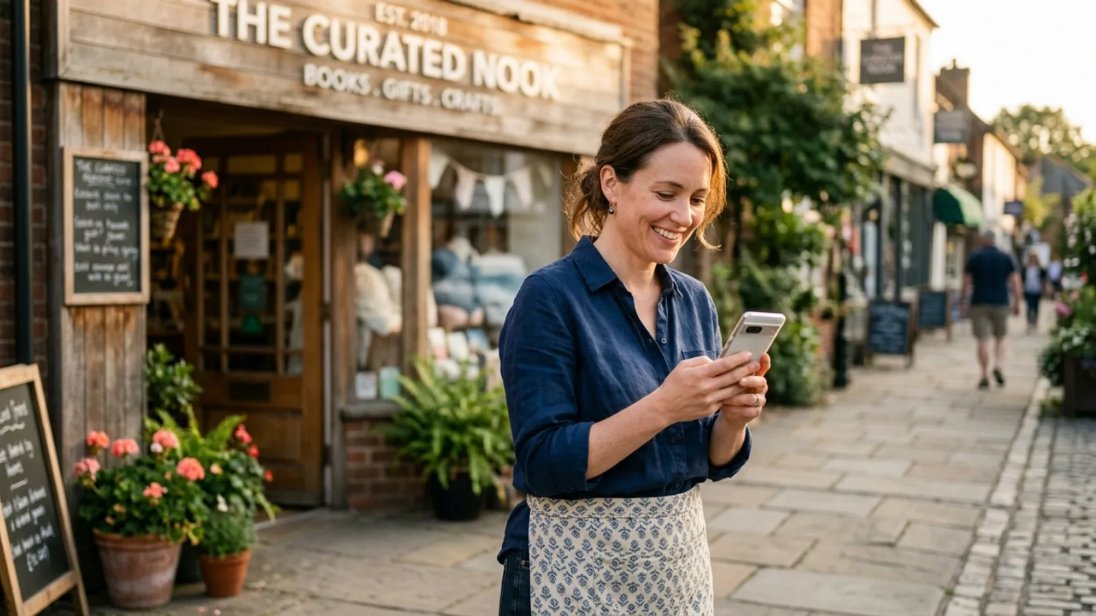 Small business owner outside their shop checking the business listing on Google Maps on a phone