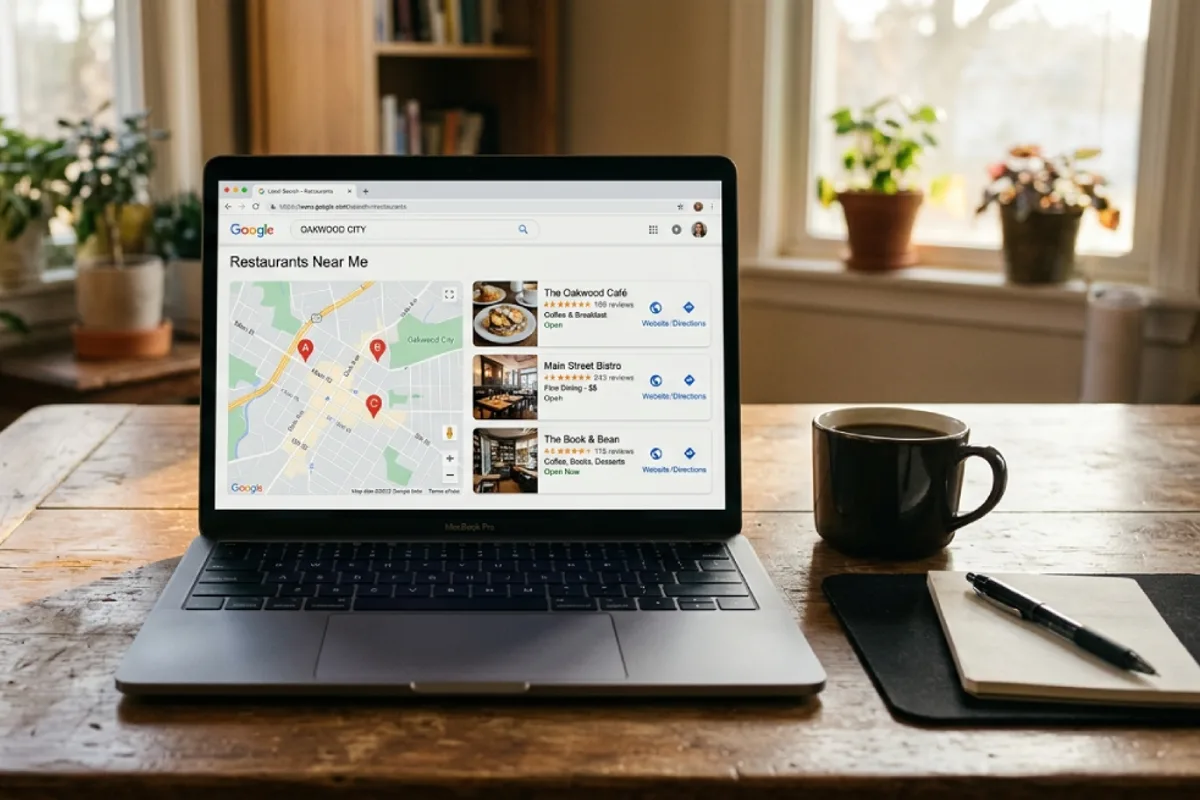 Laptop screen showing a local search results page with a map and three highlighted business listings
