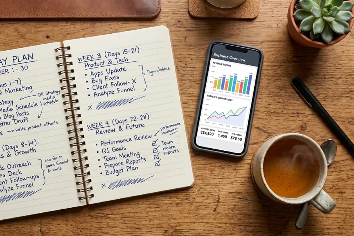 Notebook with a handwritten 30-day marketing plan beside a phone showing a business profile dashboard
