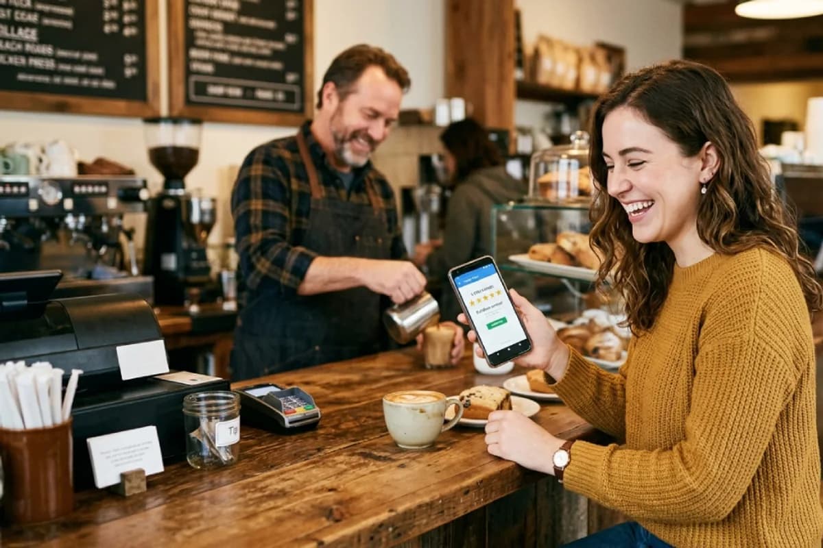 Happy customer leaving a five-star review on a phone at a cafe counter while the owner watches