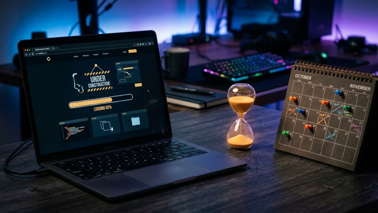 Website under construction on a laptop next to a project calendar and hourglass