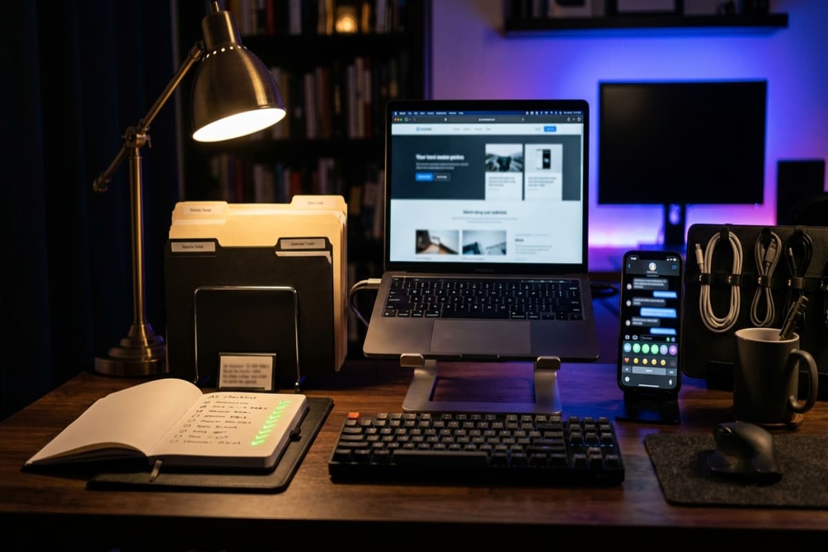 Organized desk with checklist, labeled folders, quick chat replies and website preview