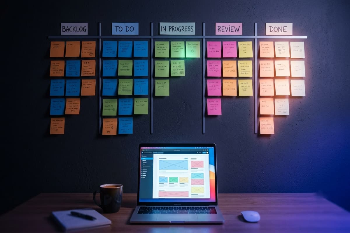 Kanban project board with five phases of a website build progressing to completion