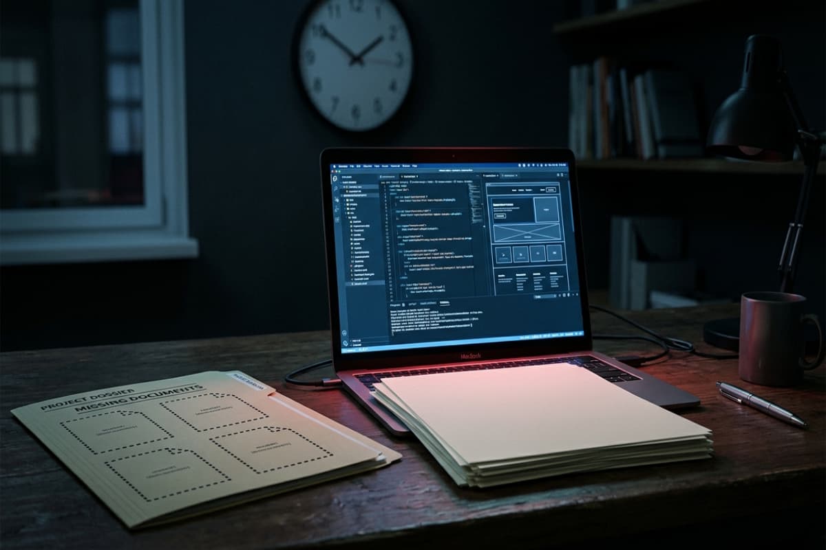 Nearly finished website on a laptop with missing content documents and a blurred clock