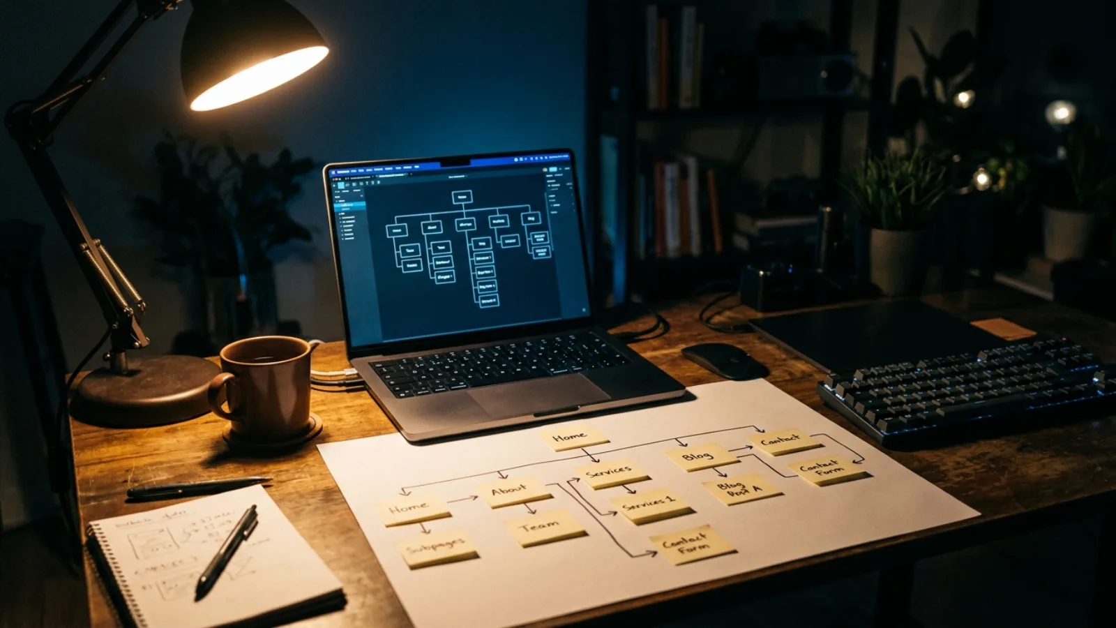 Website sitemap diagram showing core pages branching from a homepage on a dark blueprint background