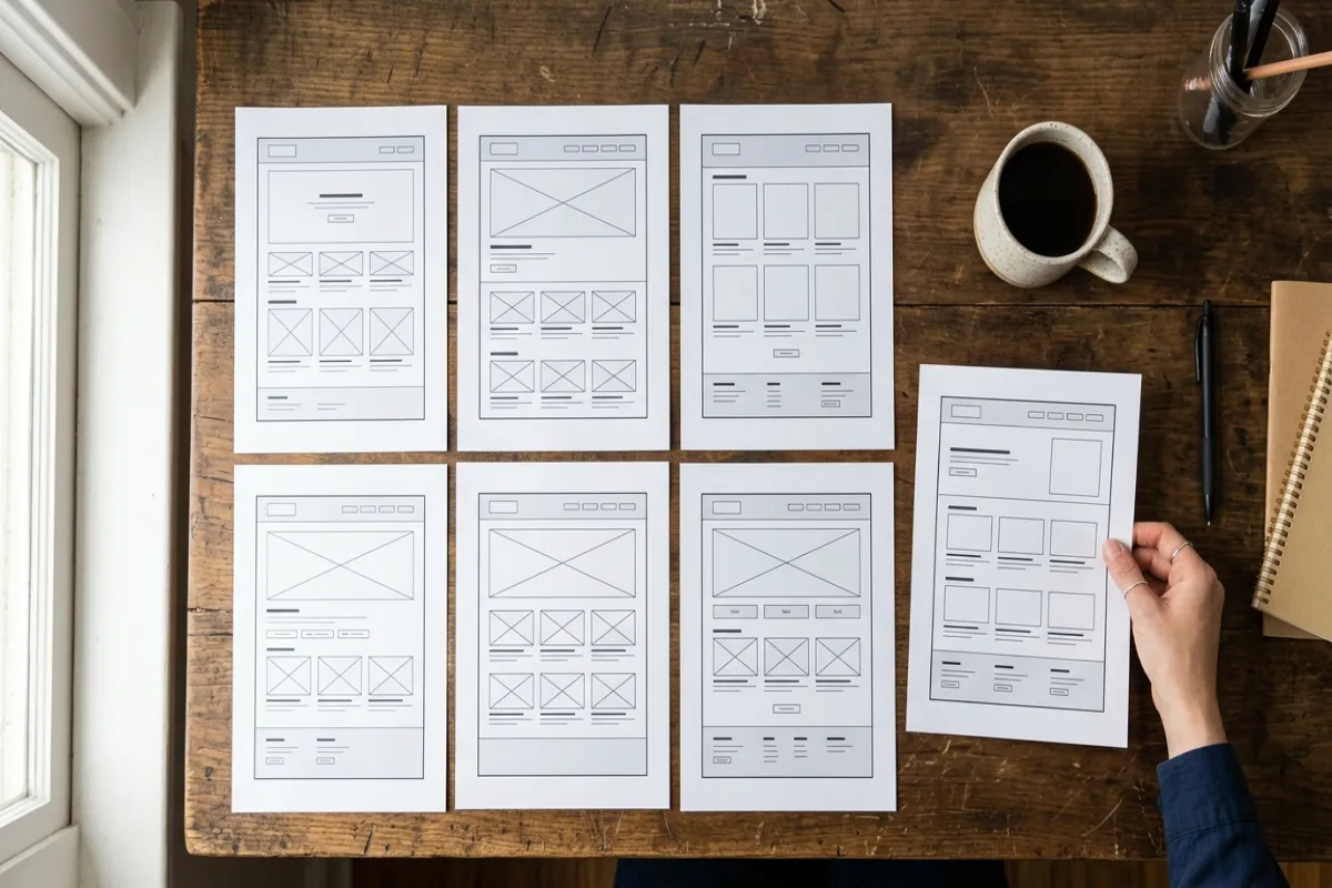 Printed webpage wireframe mockups laid out in a grid on a desk while planning a website's core pages