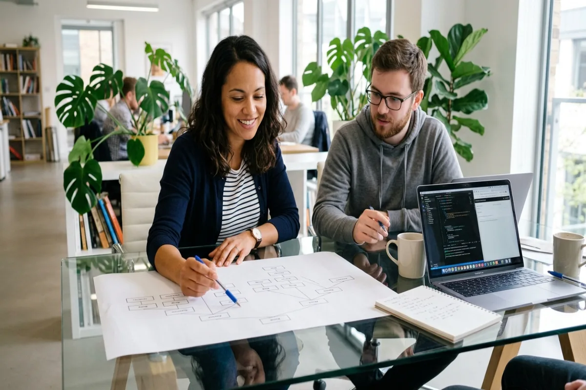A business owner and a developer reviewing a website page-structure diagram together in a modern office