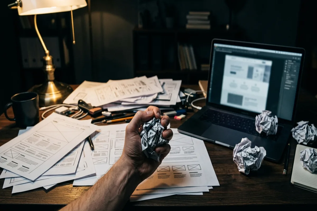 Hand crumpling a printed webpage mockup at a cluttered desk, symbolizing cutting unnecessary website pages