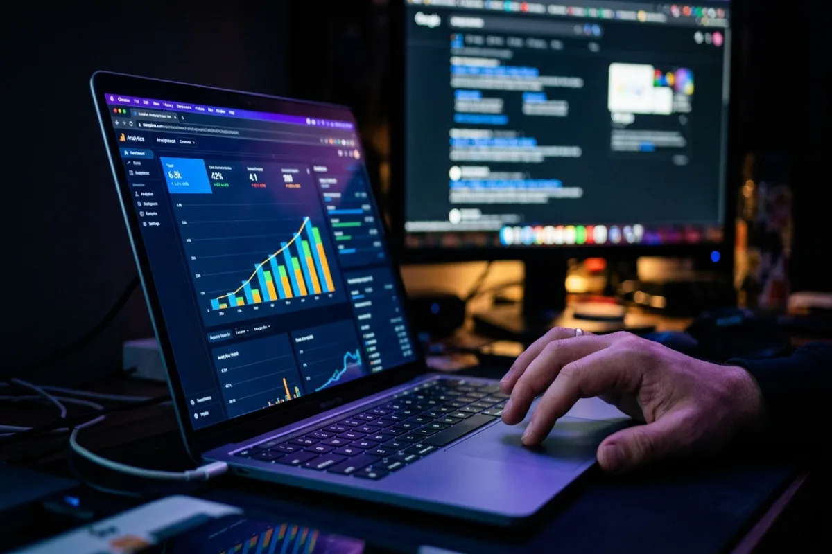 Laptop showing a rising analytics graph at night, representing pages that earn search traffic