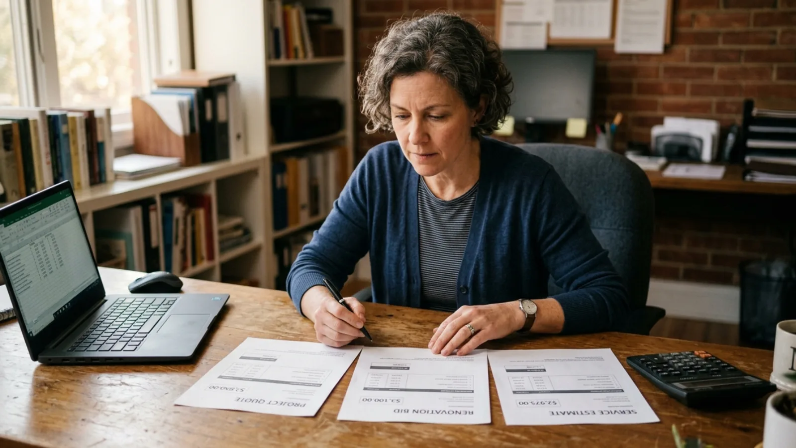 Small business owner comparing three web development quotes side by side at a desk with a calculator