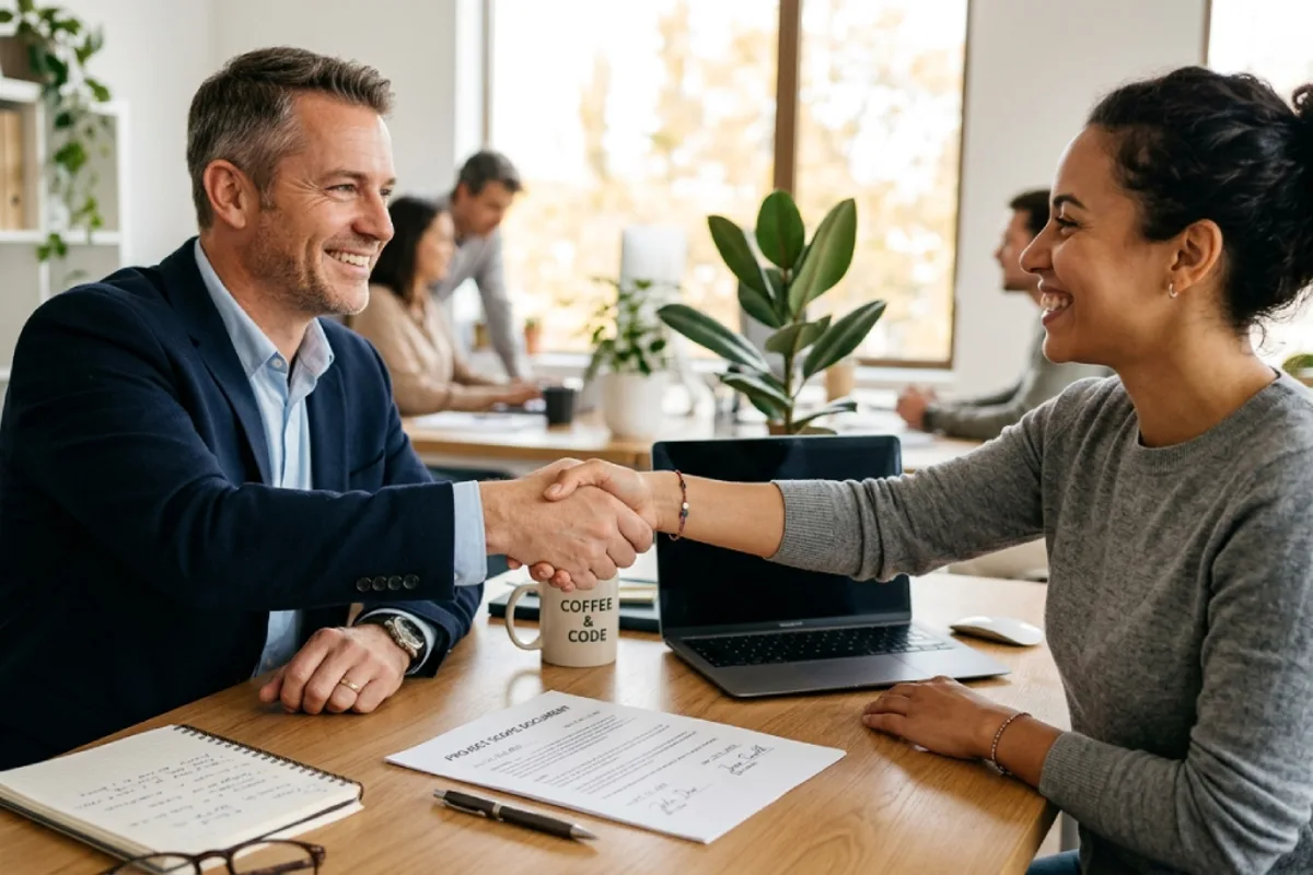 Handshake between a business owner and developer over a desk with a signed project scope document