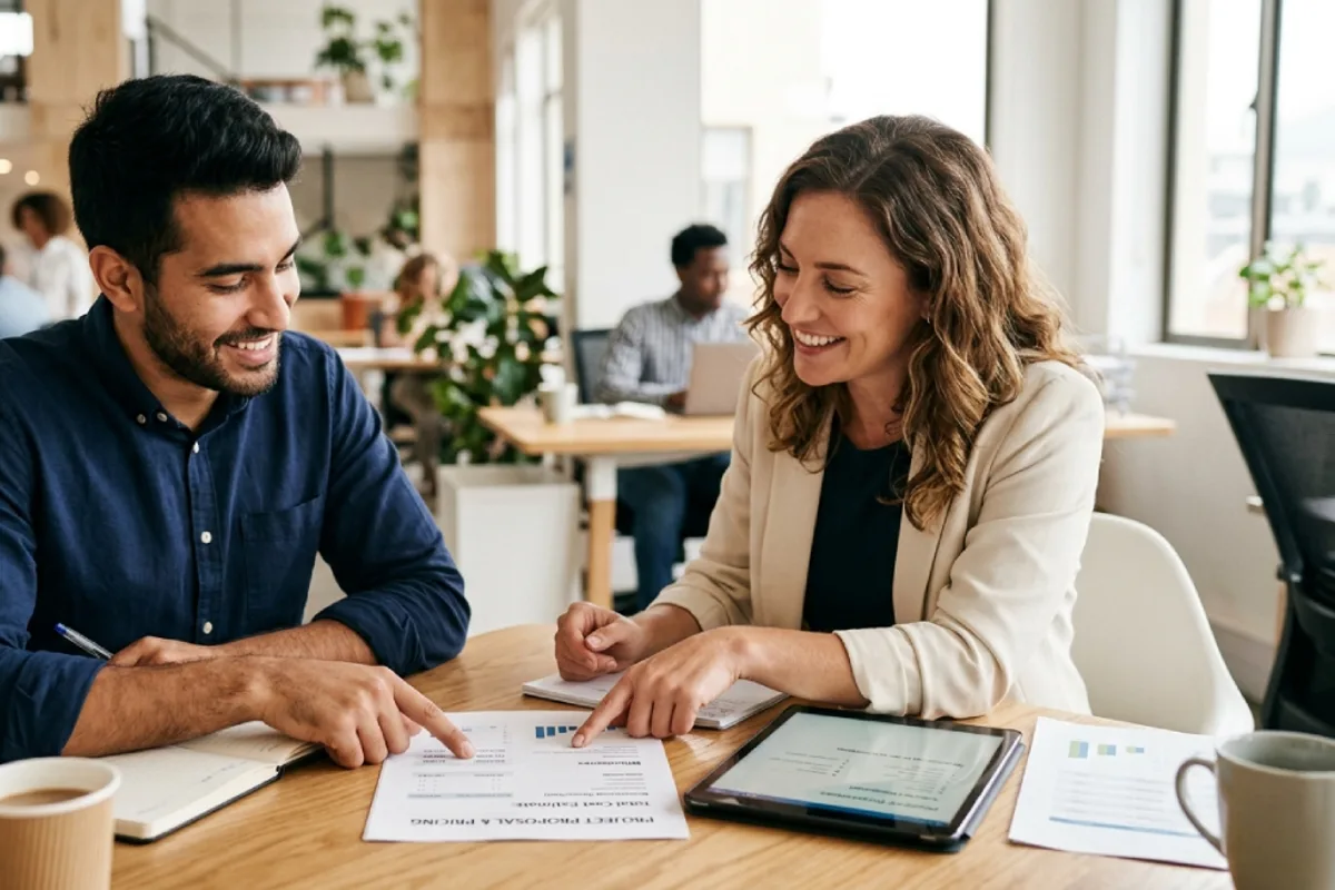 Developer and client discussing a project quote across a desk with pricing documents between them