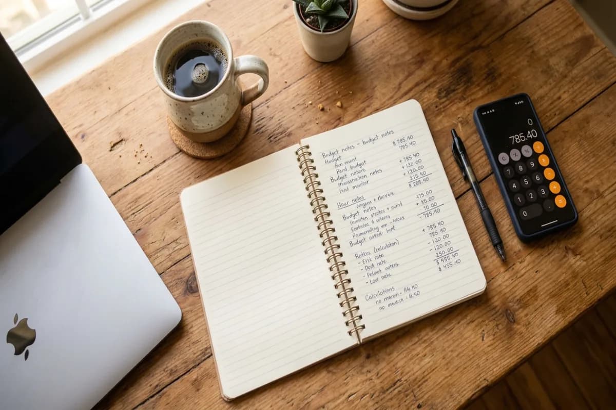 Notebook with a handwritten marketing budget plan beside a laptop and coffee mug