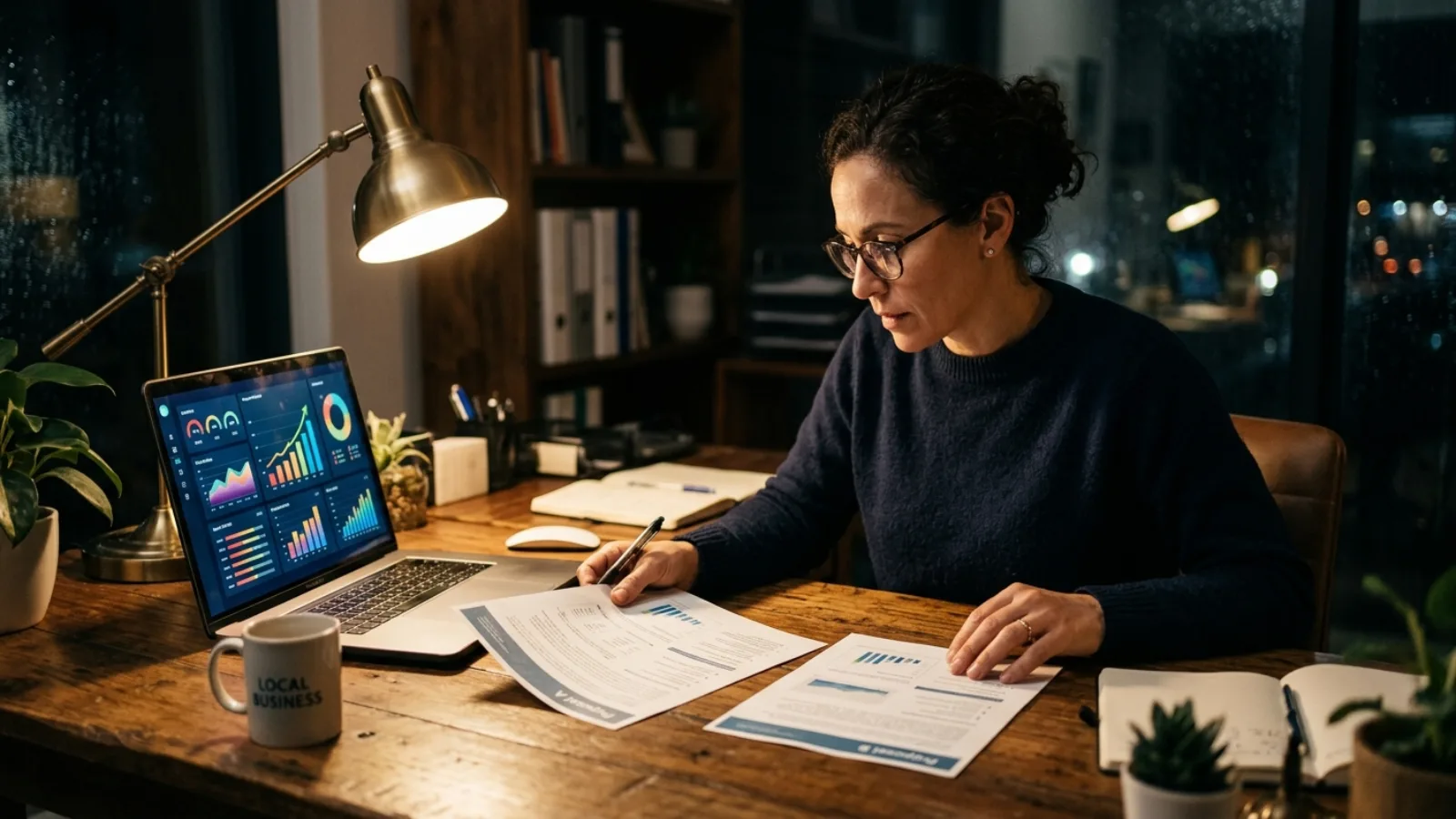 Small business owner comparing SEO pricing proposals beside a laptop with an analytics dashboard
