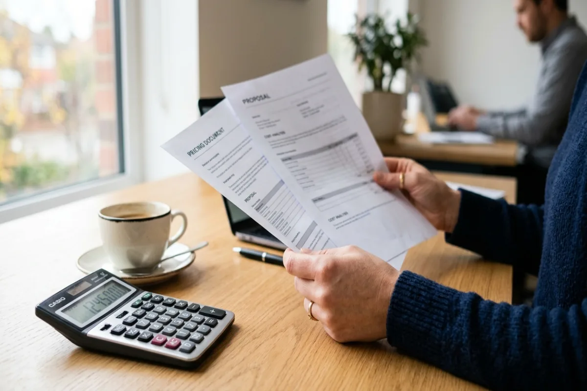 Person reviewing printed SEO pricing proposals with a calculator and coffee on a desk