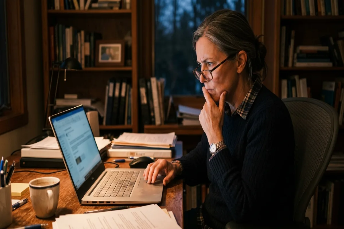 Skeptical business owner reading a suspicious SEO offer email on a laptop in a dim office