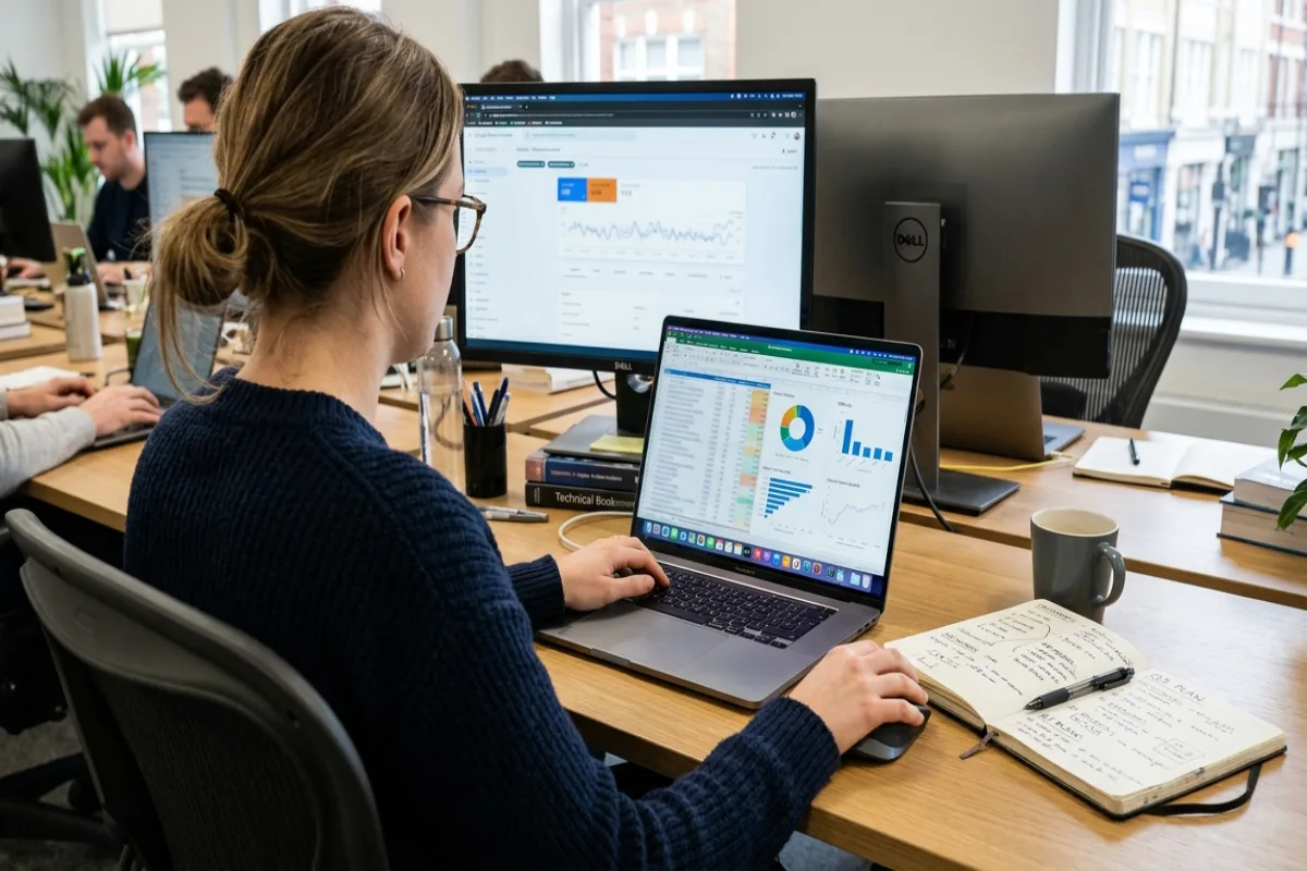 SEO specialist working at a desk with keyword research data visible on a laptop screen