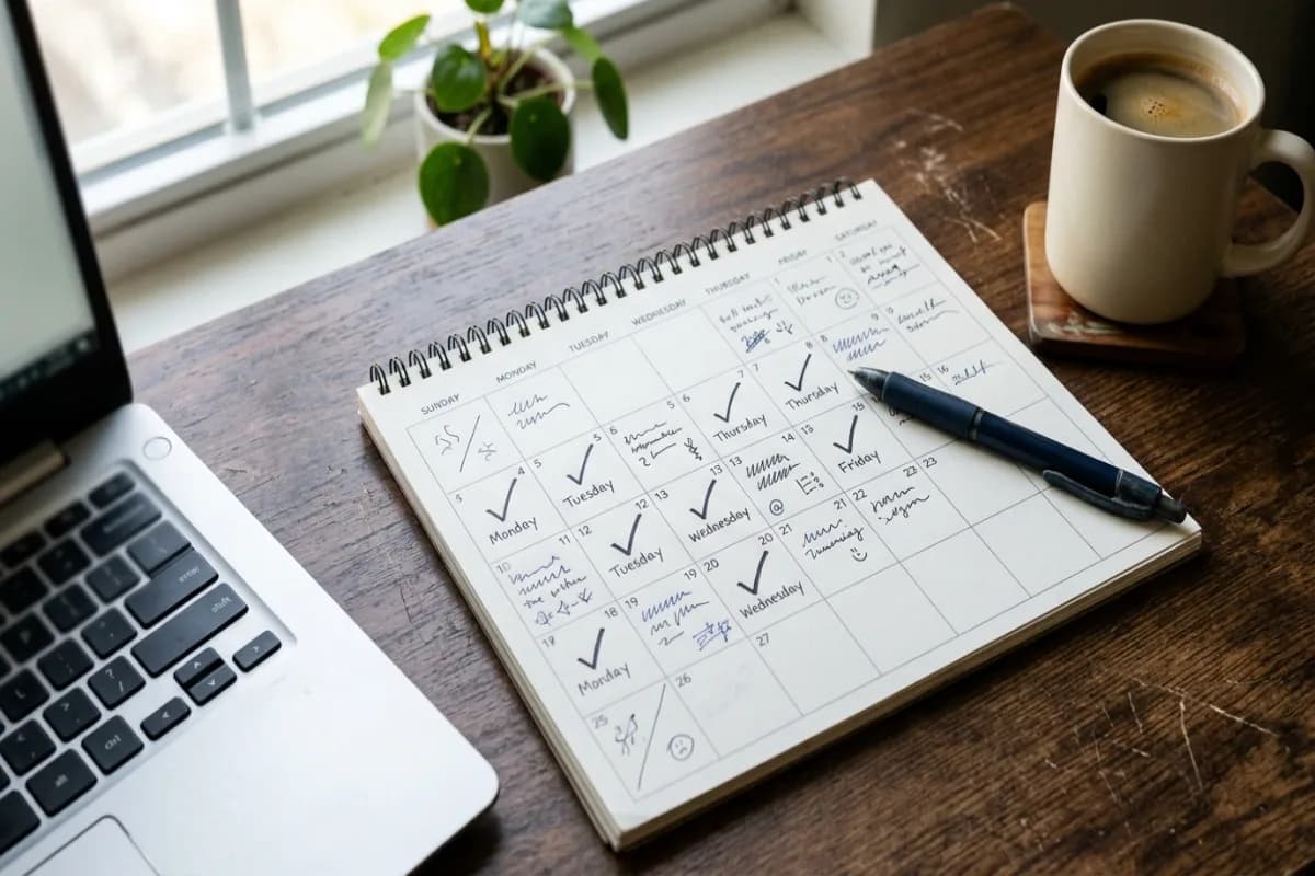 Desk calendar with completed tasks marked off beside a laptop and coffee