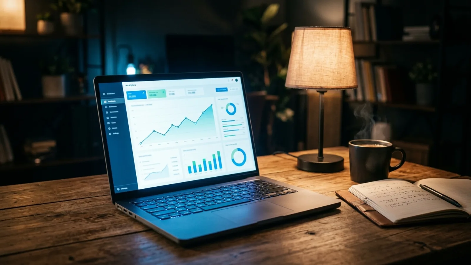 Laptop on a desk at night showing a rising website traffic graph in an analytics dashboard