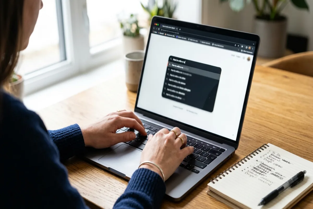 Person researching keyword suggestions in a search engine on a laptop