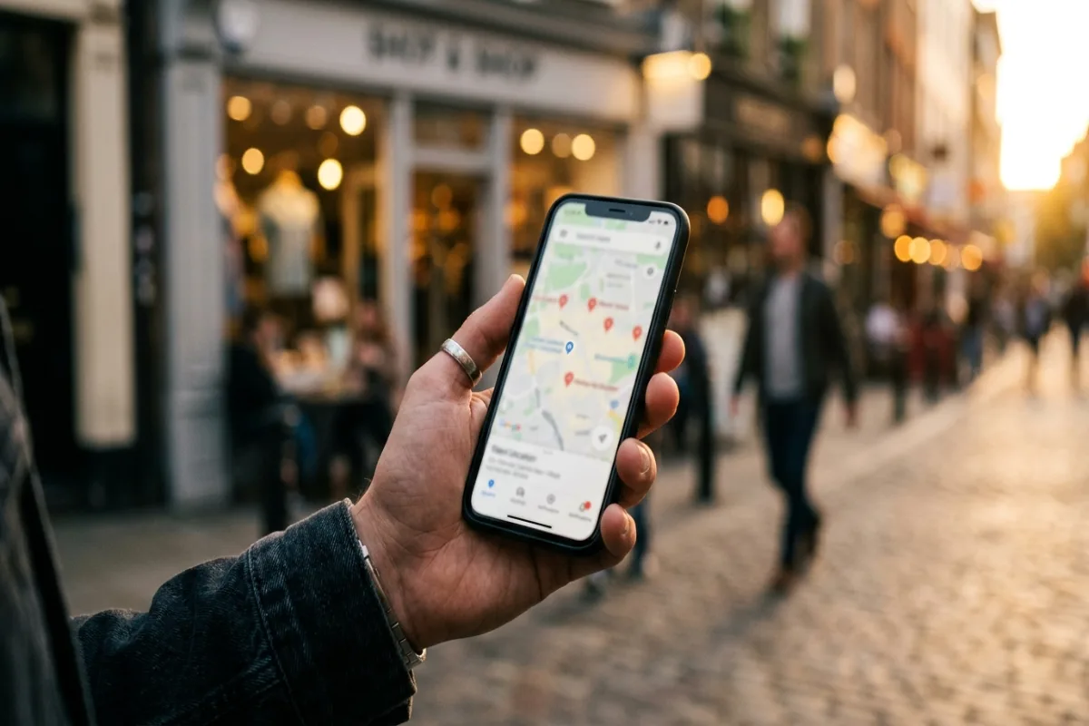 Person using a map app with local business location pins on a smartphone