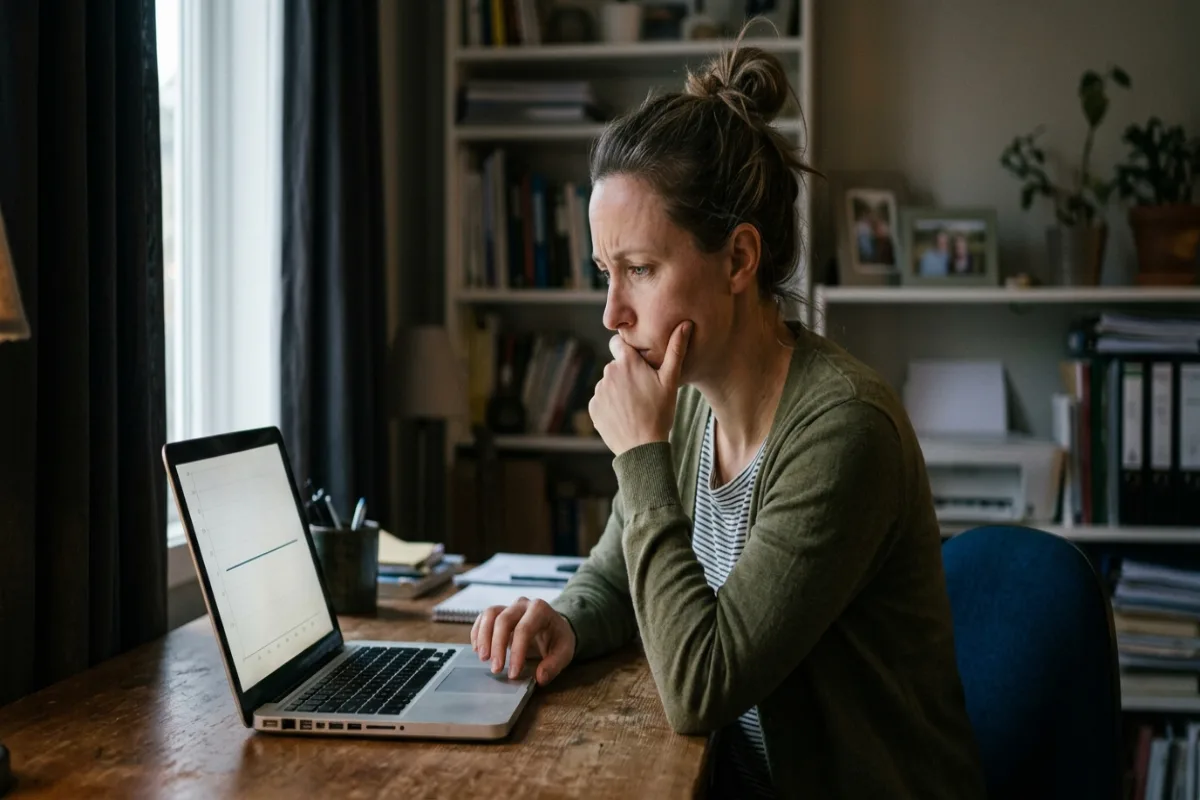 Small business owner reviewing a flat website analytics graph on a laptop