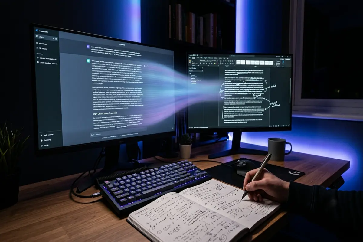 Dual-monitor workstation with an AI chat panel producing a draft on one screen and the text being reworked by hand on the other
