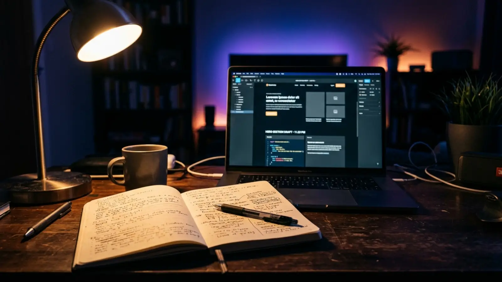Laptop on a dark desk at night showing a website hero section being written, with a notebook of handwritten drafts beside it