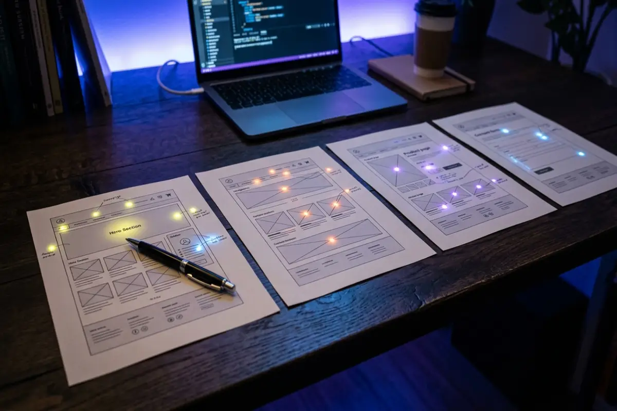 Four printed webpage wireframe sheets on a dark desk, each with highlighted sections marked for copy planning
