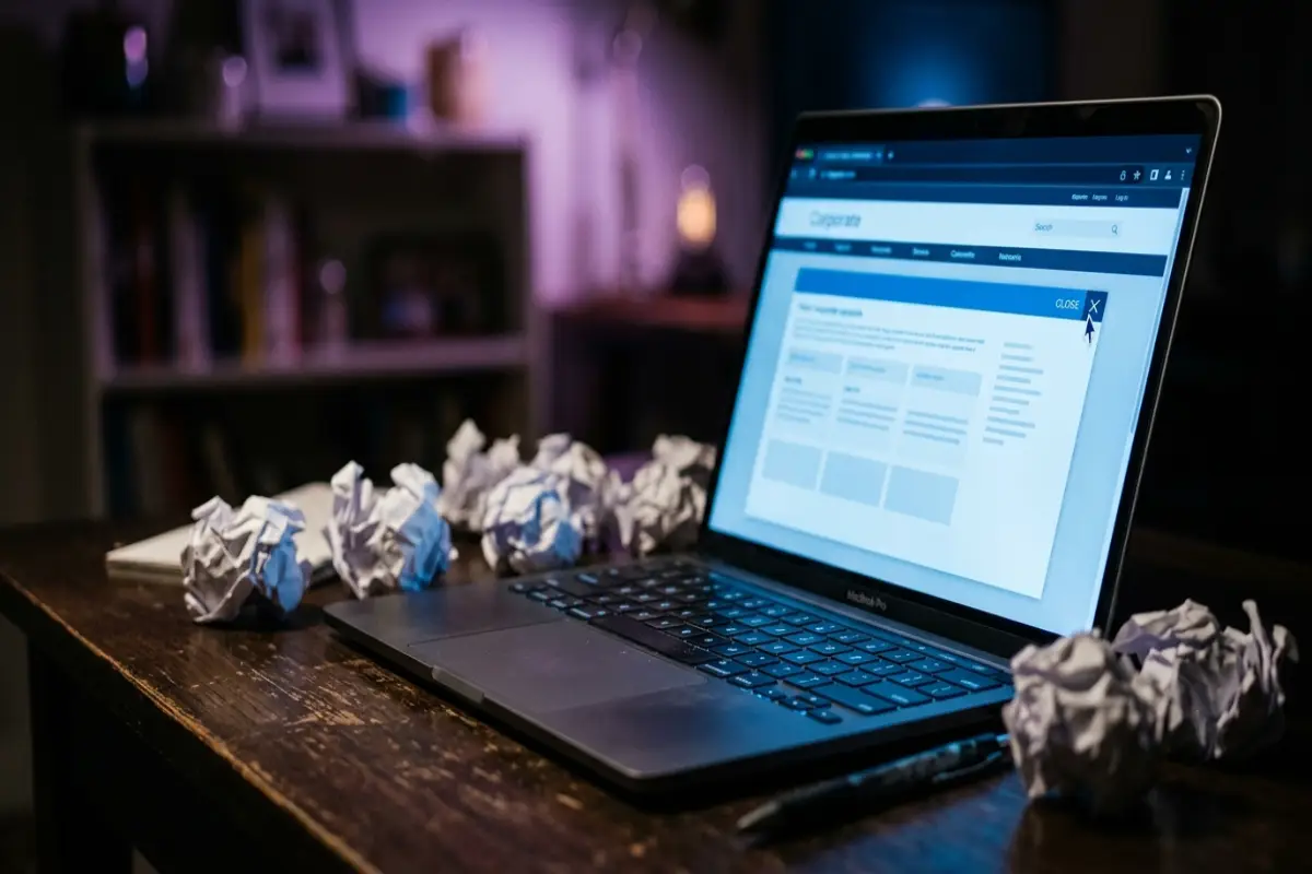 Laptop showing a generic corporate webpage with the cursor drifting toward the close button, crumpled paper around the keyboard