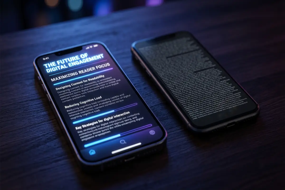 Two smartphones side by side - one showing a clean scannable article layout, the other a dense wall of unreadable text