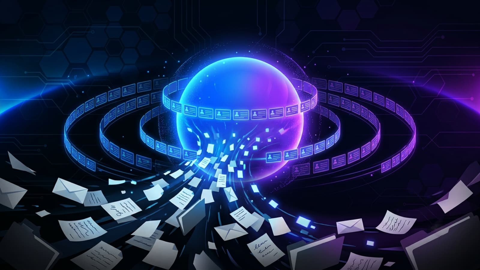 Central CRM hub organizing scattered contact cards, emails and lead data