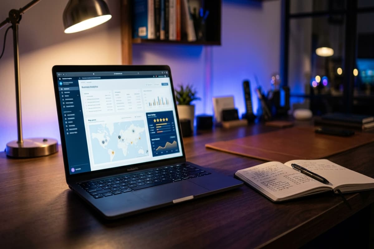Laptop showing a Google Business Profile dashboard with map panel and completion checklist